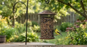 A hanging backyard feeder filled with nutritious small bird food to attract local wildlife.