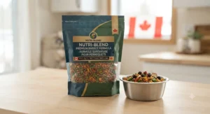 A bag of premium formulated parrot pellets alongside a bowl of fresh Canadian bird food.
