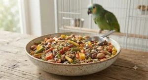 A bowl of balanced seed and pellet mix offering top nutrition for Amazon parrots