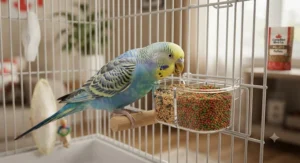 A colourful budgie eating high-quality small bird pellets compared to traditional seed mix in a Canadian home.