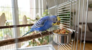 A colorful budgie nibbling on finely milled natural parrot food inside a spacious cage.