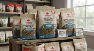 Commercial bags of parrot food highlighting different options for macaw pellet size available across Canada.