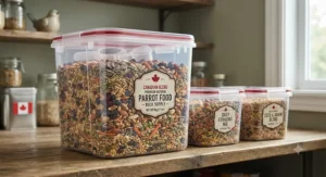Resealable containers storing fresh batches of natural parrot food for Canadian bird owners.