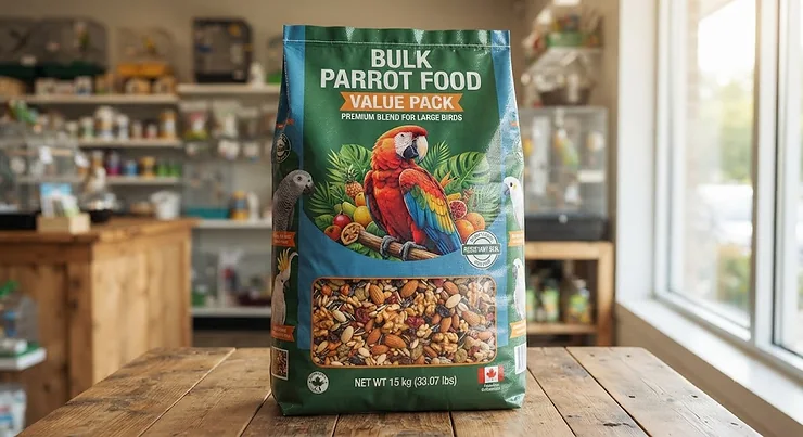 A large bag of bulk parrot food value pack featuring a colourful macaw on the front packaging.