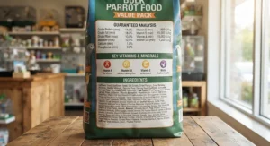 Nutritional ingredients label highlighting vitamins and minerals in the bulk parrot food value pack.
