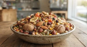 Close-up view of seeds, nuts, and dried fruit inside a bulk parrot food value pack.
