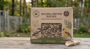Eco-friendly packaging of a bulk small bird food value pack designed for Canadian consumers.
