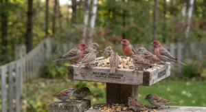 House finches and sparrows gathering around a platform feeder supplied by a bulk small bird food value pack.