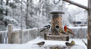 Various small songbirds enjoying a bulk small bird food value pack during a cold Canadian winter.