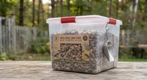 A storage container holding a year-round supply from a bulk small bird food value pack.