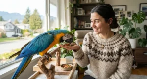 A pet owner in Canada hand-feeding nutritious parrot food for feather health to a companion bird.