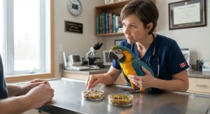 A healthy pet parrot eating nutritious colored pellets from a metal bowl in a Canadian home.
