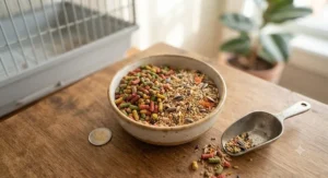 Different sizes of bird pellets displayed on a wooden surface to help pet owners choose the right option for a conure pellet diet.