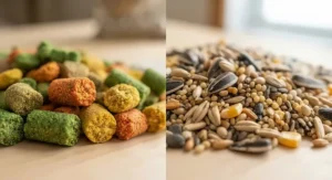 A macro view contrasting the uniform texture of parrot pellets with the varied shapes of a seed mix.