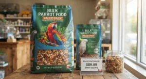 A large bulk parrot food value pack shown next to a standard bag to illustrate Canadian savings.