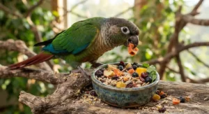 A green cheek conure happily eating a blend of natural parrot food and dried fruit pieces.
