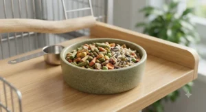 Recommended daily portion size of the best Amazon parrot food in a ceramic dish