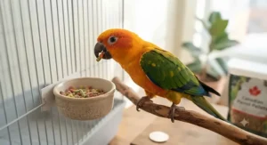 Measuring cup portioning out daily bird food to maintain a proper conure pellet diet for pet parrots.