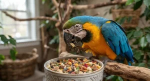 An exotic parrot sorting through high-quality parrot food for feather health in its enclosure.