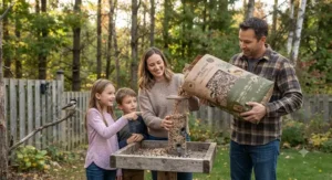 A Canadian family filling a backyard feeder with a bulk small bird food value pack.