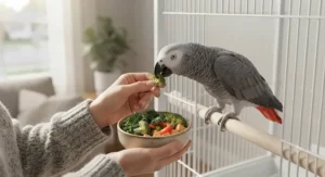 Pet owner feeding fresh African grey parrot food to a healthy bird in a Canadian home.