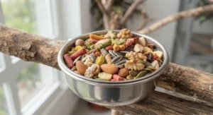 Stainless steel bird bowl filled with nutritious parrot food for large parrots.