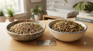 A ceramic dish filled with premium seed mix next to a bowl of small bird pellets for finches and canaries.