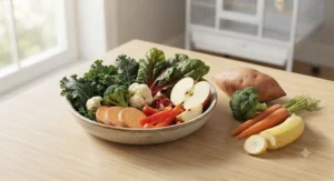 Fresh organic vegetables and fruits recommended as part of a healthy African grey parrot diet during Canadian winters.