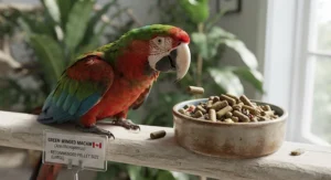 A Green-Winged Macaw near a bowl filled with bird food formulated for the correct macaw pellet size.