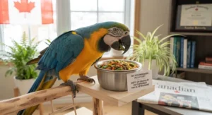 A vibrant and healthy pet parrot with bright plumage thriving on a vet-recommended pellet diet.