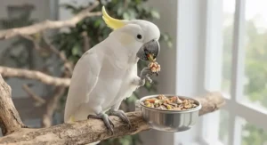 Healthy white cockatoo thriving on a balanced diet of parrot food for large parrots.