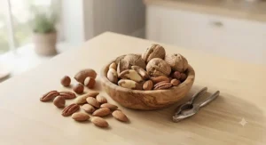 Selection of unsalted nuts used as occasional treats in an African grey parrot food regimen.