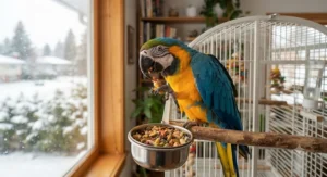 A happy pet parrot munching on specialized parrot food for feather health during winter in Canada.