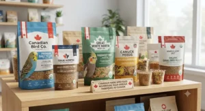 Assorted bags of popular Canadian brands of small bird pellets and seed mix displayed together.