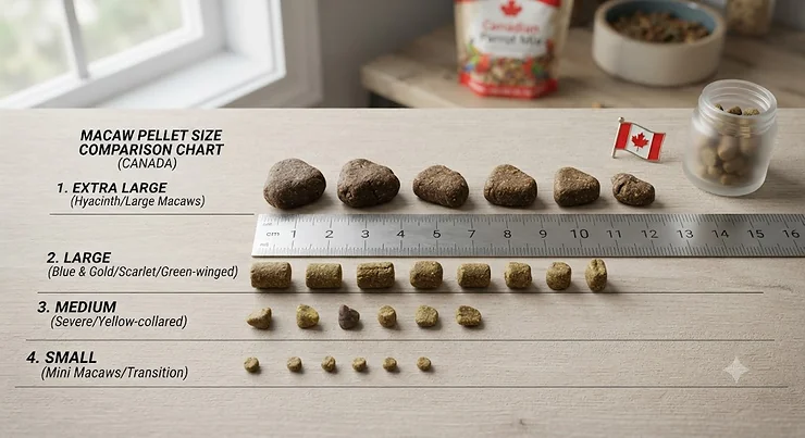 A visual size comparison chart showing different macaw pellet sizes next to a ruler for Canadian parrot owners.