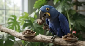 A Hyacinth Macaw interacting with extra-large pellets, demonstrating the best macaw pellet size for large species.