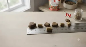 A metric ruler measuring macaw pellet size in millimetres for precise avian dietary tracking.