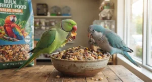 Two pet birds sharing a meal from a bowl filled with a bulk parrot food value pack blend.