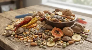 Natural seeds, nuts, and grains found in quality parrot food for large parrots.