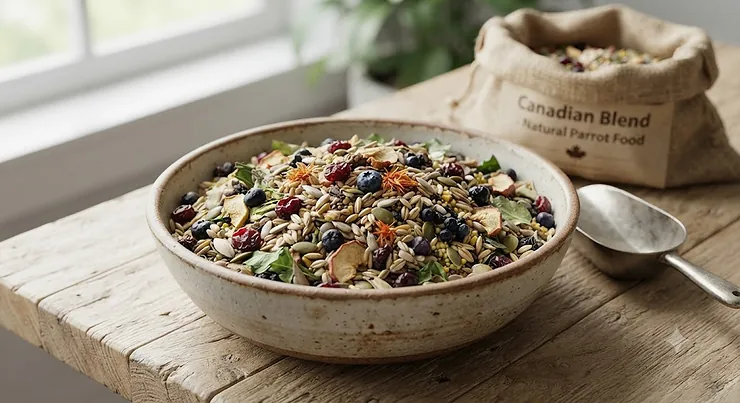A fresh bowl of natural parrot food featuring wholesome grains, seeds, and dried Canadian berries.