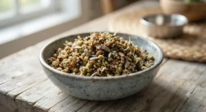 Nutritious sprouted seeds and grains served as part of a balanced natural parrot food diet.