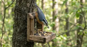 A red-breasted nuthatch eating small bird food from a tree-mounted feeder.