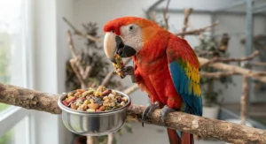 Colorful macaw enjoying healthy parrot food for large parrots during mealtime.