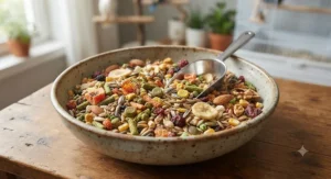 A bowl filled with balanced parrot food for feather health, featuring seeds, pellets, and grains.