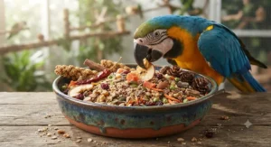 A colorful ceramic bowl filled with premium natural parrot food designed for daily foraging.