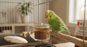 A happy green parakeet perched near a feeder containing nutritious small bird pellets.