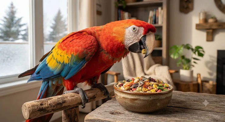 A colorful parrot enjoying nutritious parrot food for feather health inside a cozy Canadian home.