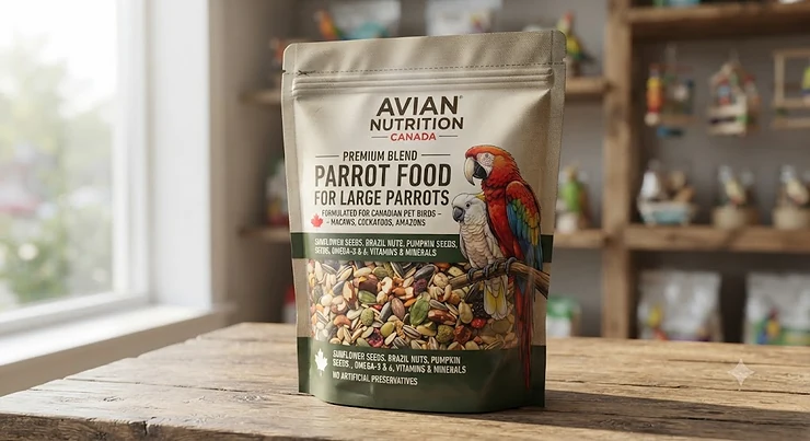 Illustration of a premium bag of parrot food for large parrots formulated for Canadian pet birds.