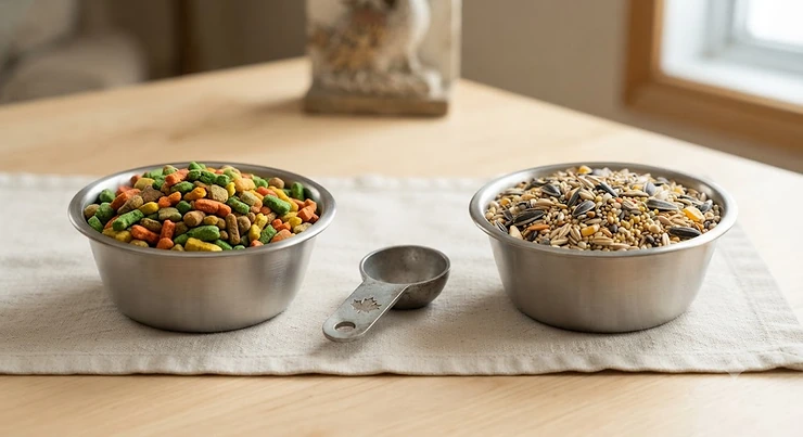 A side-by-side comparison of colorful parrot pellets and a mixed seed diet for pet birds in Canada parrot pellets vs seed mix