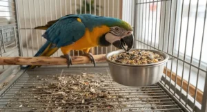 A pet parrot picking through a seed mix and leaving behind unwanted hulls on the cage floor.